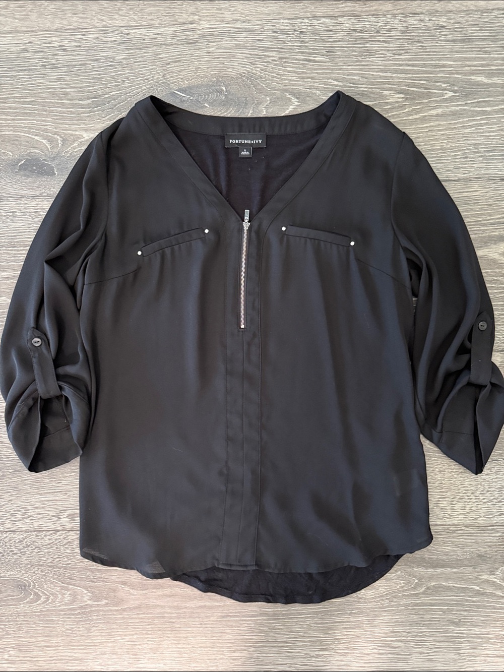 Fortune + Ivy Black V-Neck Half-Zip Blouse
